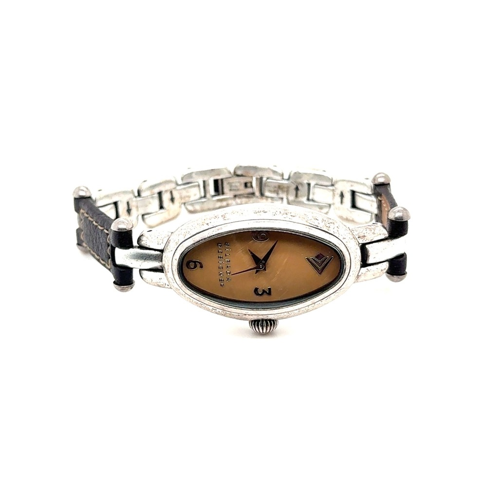 Silpada Designs Women Oval Yellow Dial Sterling Silver Leather Band Watch